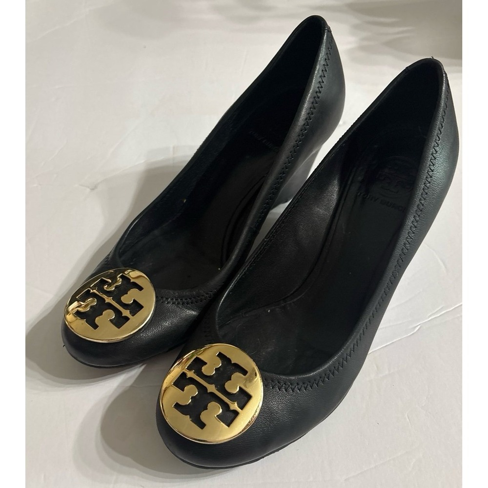 Tory Burch Sally Black Leather Wedge with Gold Logo (Sz. 5/6)